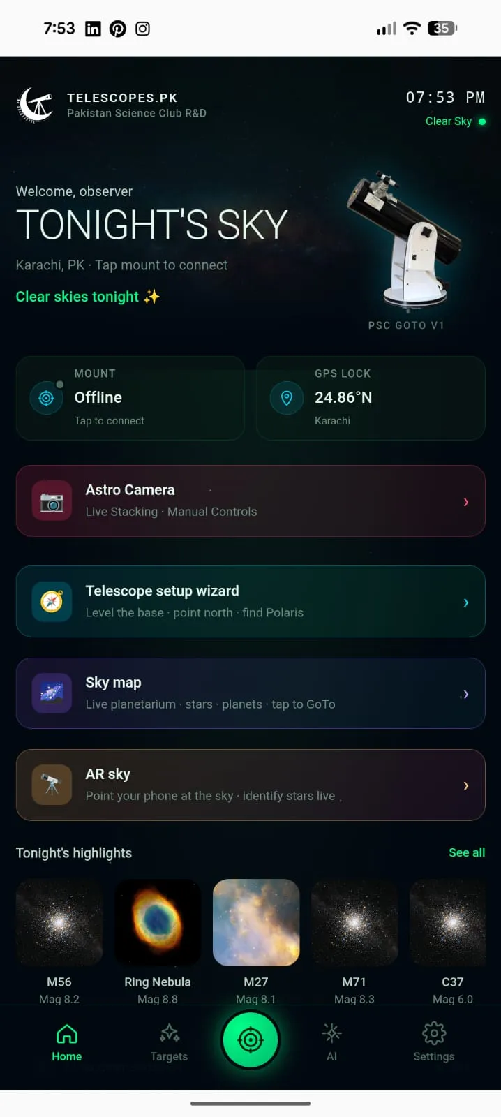 The AstroGuide home screen: the sky over Karachi tonight, mount and GPS status, the setup wizard, sky map and AR sky, and highlights for tonight.