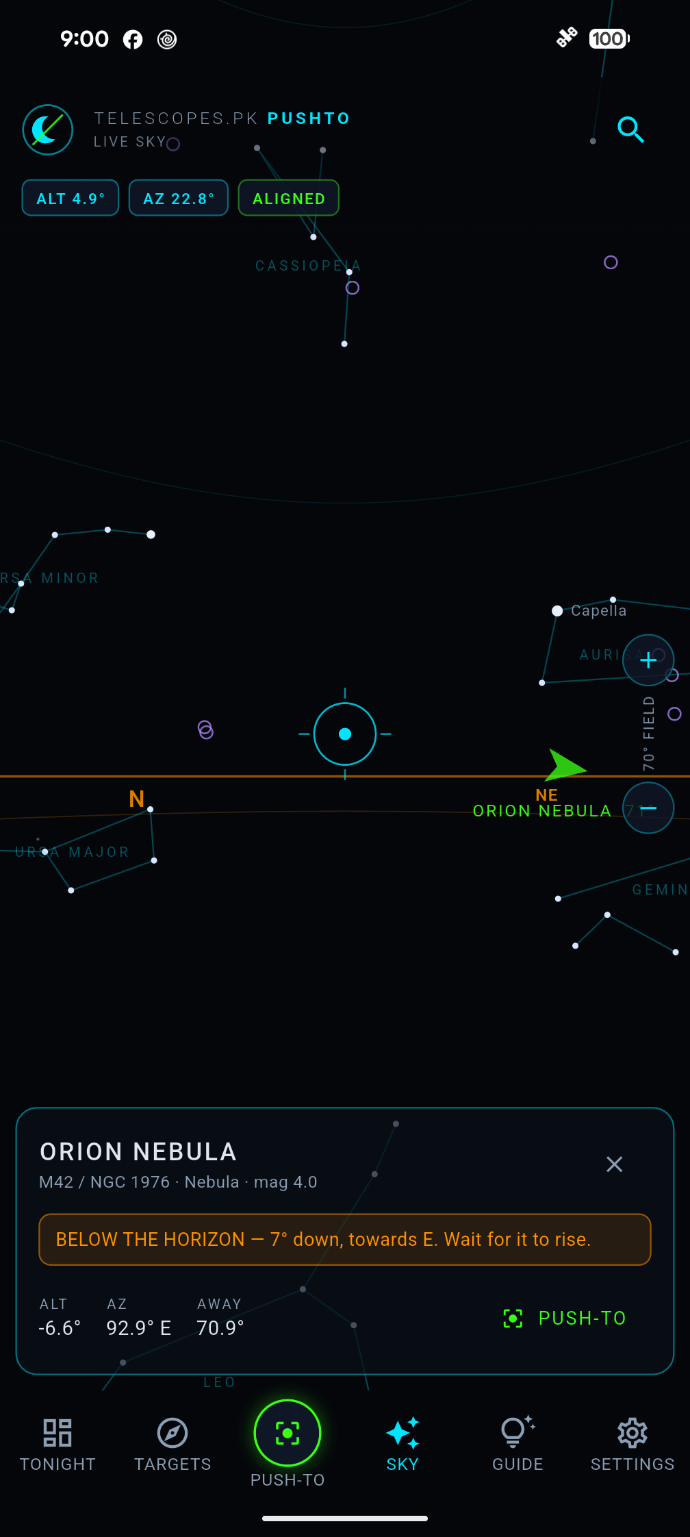 The sky map centred on where the telescope is pointing, with the selected target ringed and the direction to swing shown.