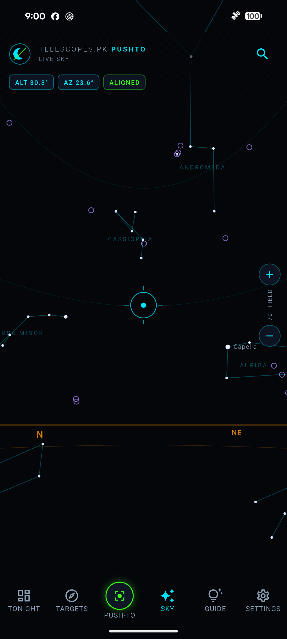 The live sky map, with constellation figures drawn and the telescope as the reticle at the centre.