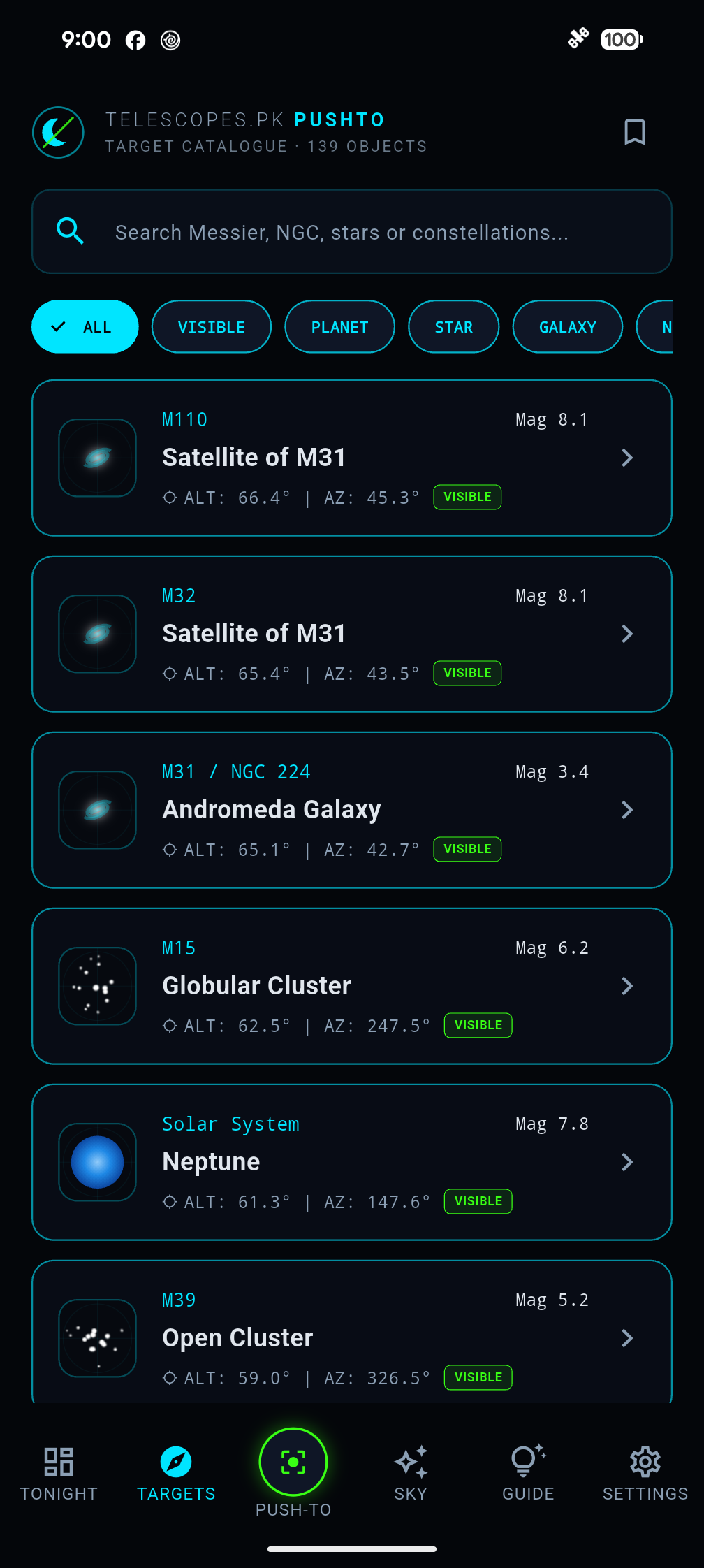The target list, showing each object with its current altitude and compass bearing, filtered to what is above the horizon.