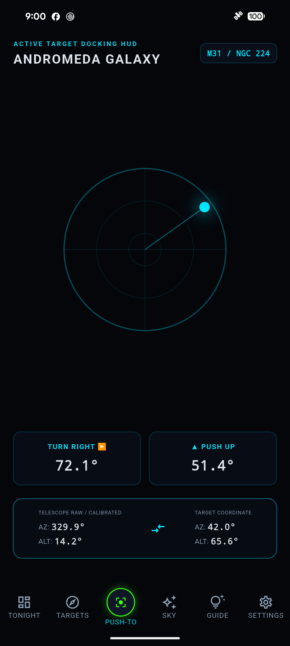 The push-to screen guiding the telescope to the Andromeda Galaxy: turn right 72.1 degrees, push up 51.4 degrees, with the raw and corrected telescope coordinates below.