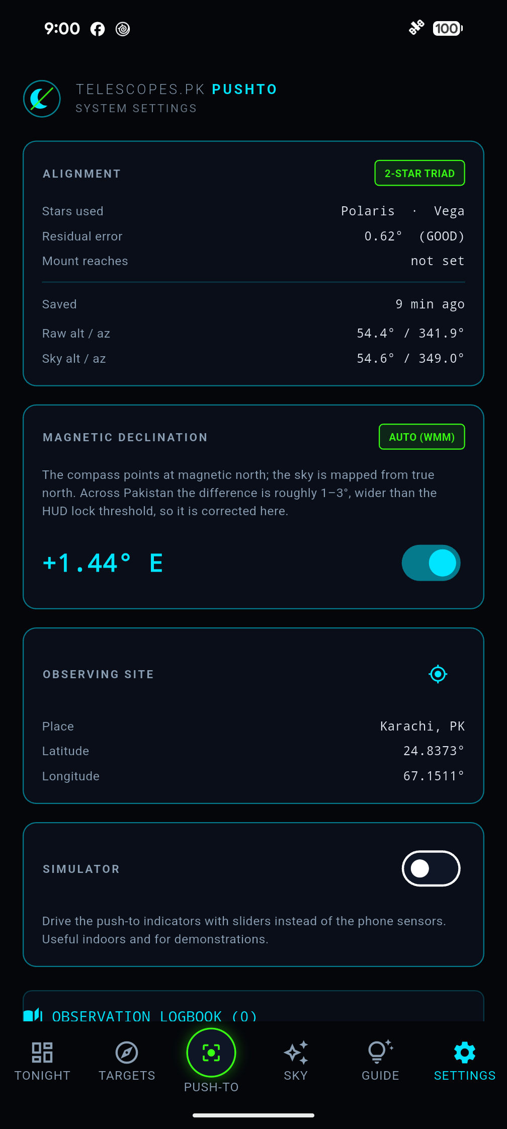 Settings: the observing site, the chosen eyepiece and the alignment the app is currently using.