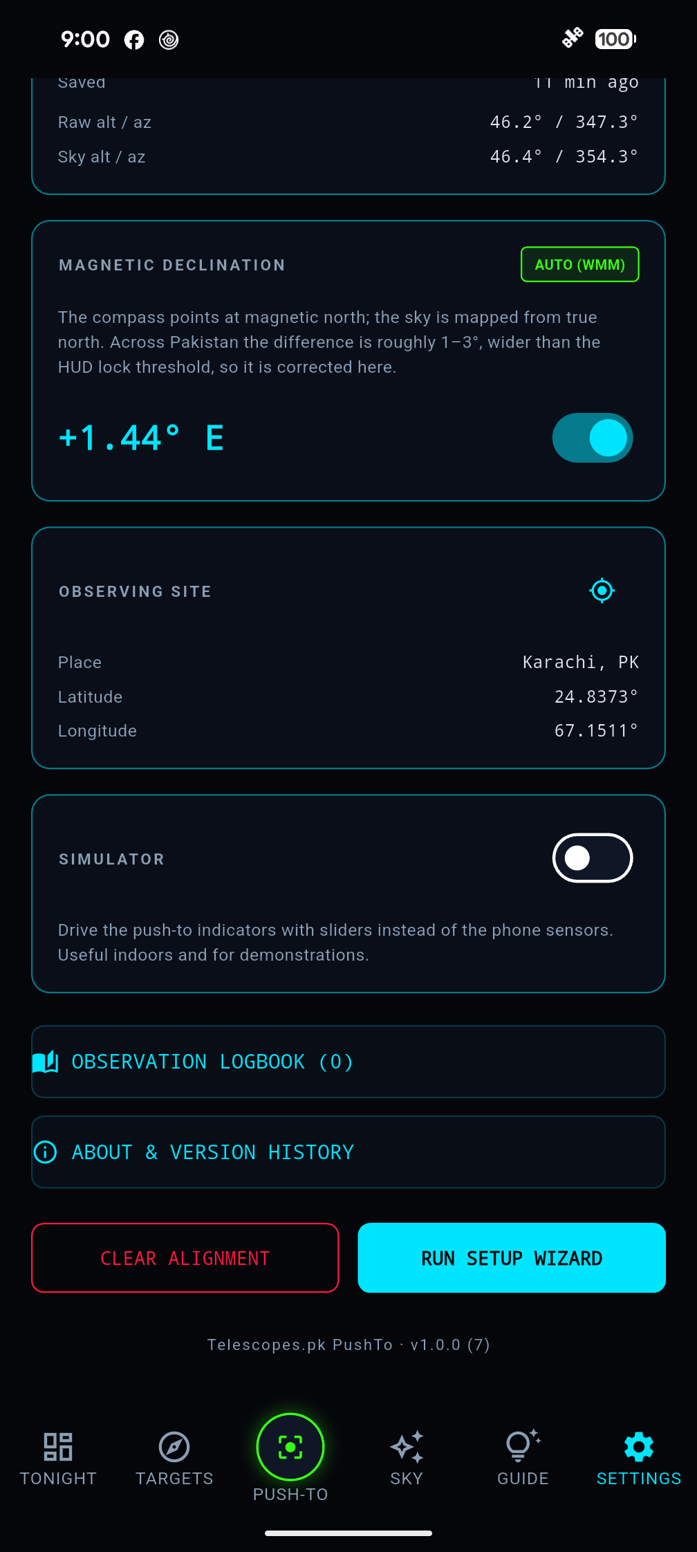 Further settings, including magnetic declination and the simulator option.