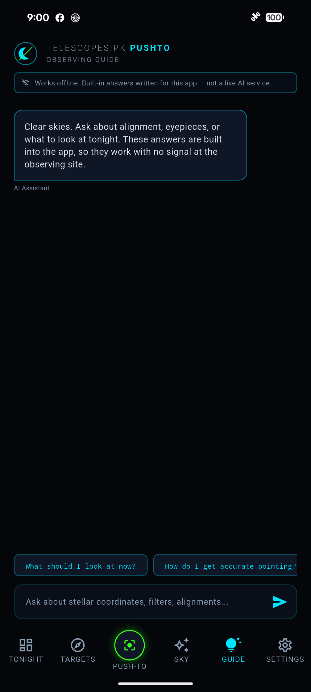 The built-in guide, answering observing questions offline.