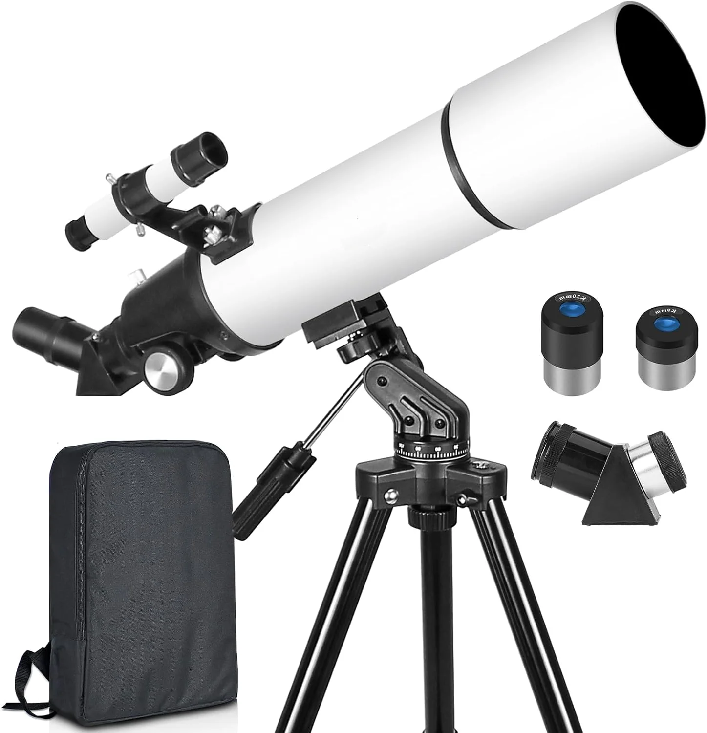 Visionking D90F650 refractor on its alt-azimuth tripod, with finder scope, diagonal, two eyepieces and carry backpack.