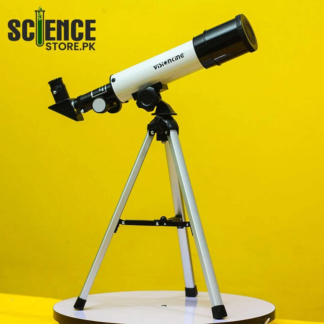Visionking 50/360 refractor standing on its short aluminium tripod, with a 45 degree prism and an eyepiece fitted.