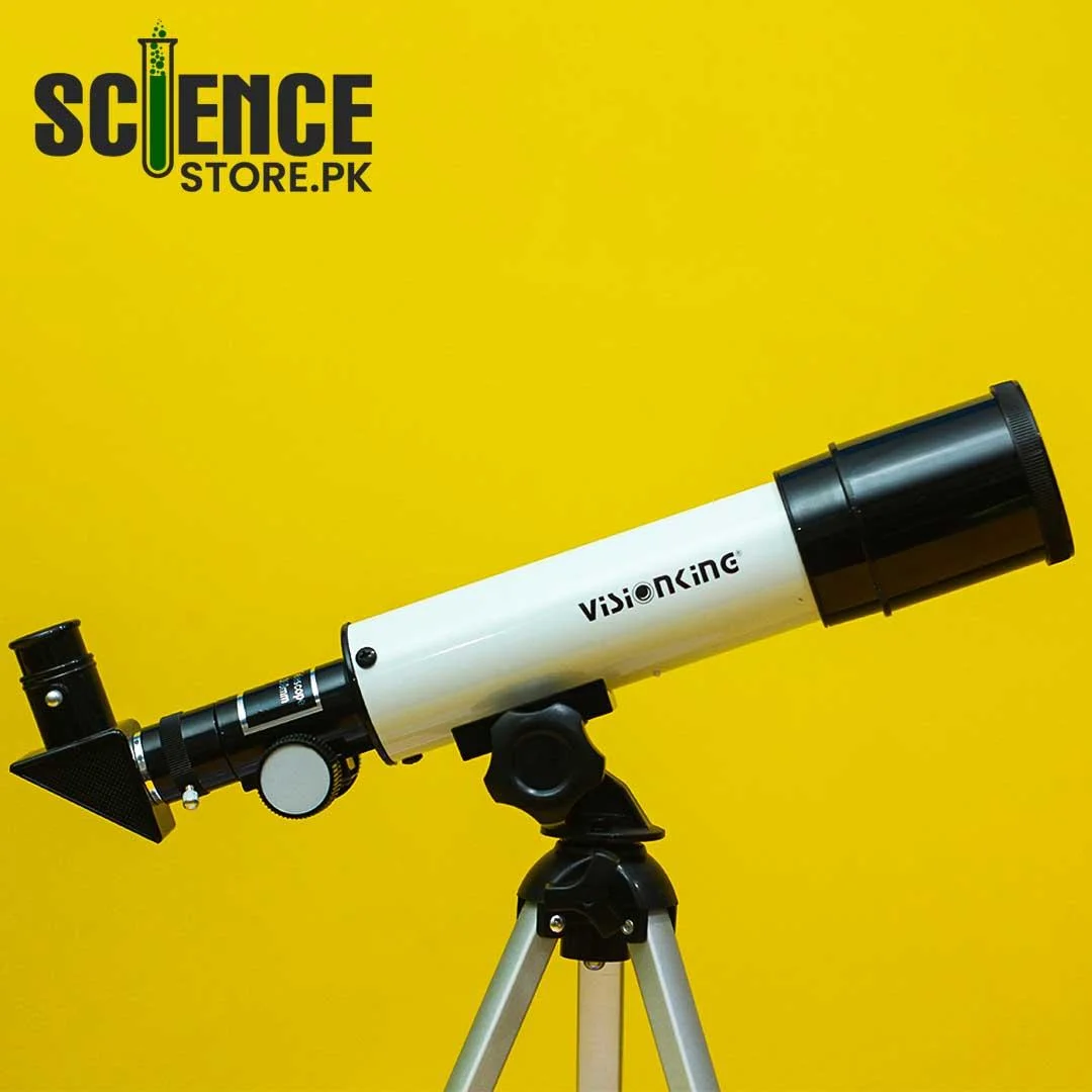 Closer view of a white 50 mm tube, its focuser and a 45 degree prism on an alt-azimuth mount.