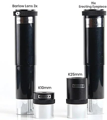 Supplied accessories: 3x Barlow, erecting eyepiece, K10 mm and K25 mm