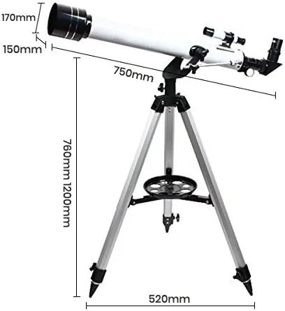Dimension diagram: 750 mm tube, tripod from 760 mm to 1200 mm, legs 520 mm apart