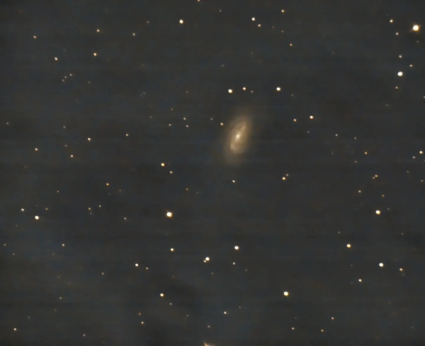 NGC 2903, a barred spiral galaxy in Leo, with a bright core and faint arms among the stars, photographed through the Made in Pakistan RVision GT.
