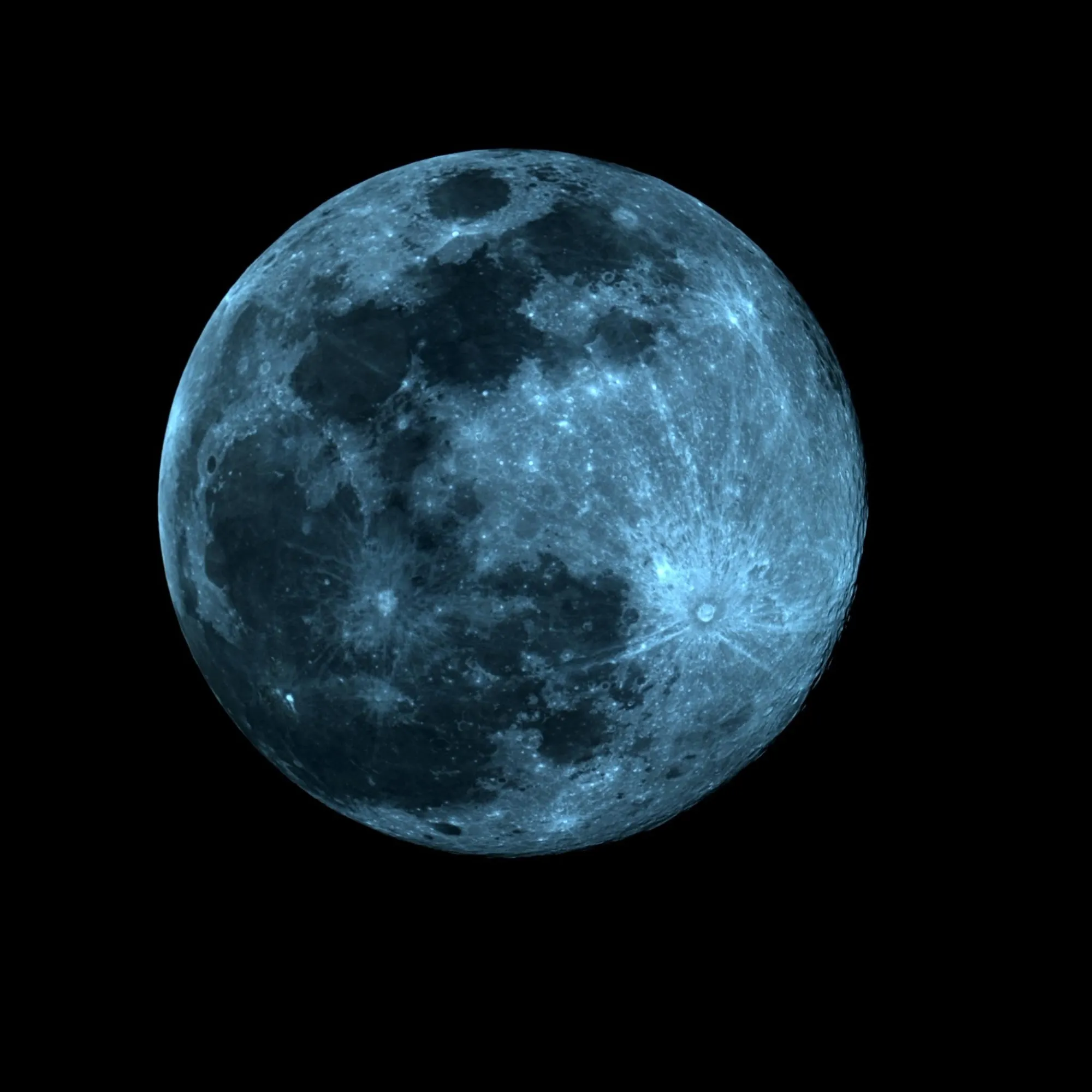 A blue-tinted photograph of the full Moon.