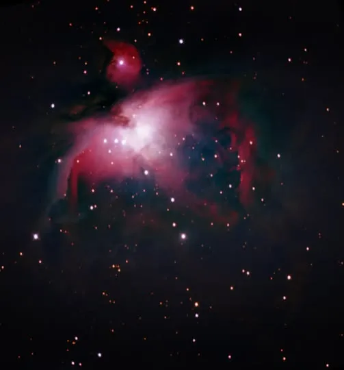 The Orion Nebula (M42) in a small processed colour photograph.