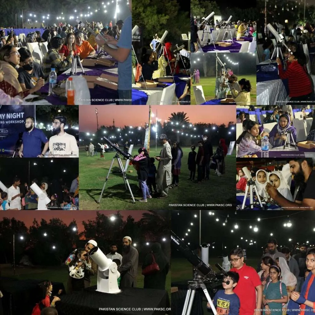A collage of the Dream World Resort astronomy night: families at telescopes on the lawn, the telescope-making workshop tables and the observing after dark.